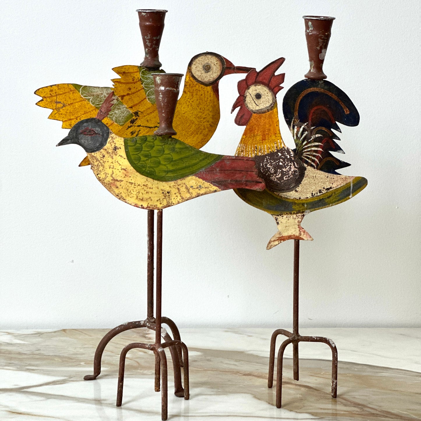 Metal Folk Art Bird Candle Holders - Set of 3