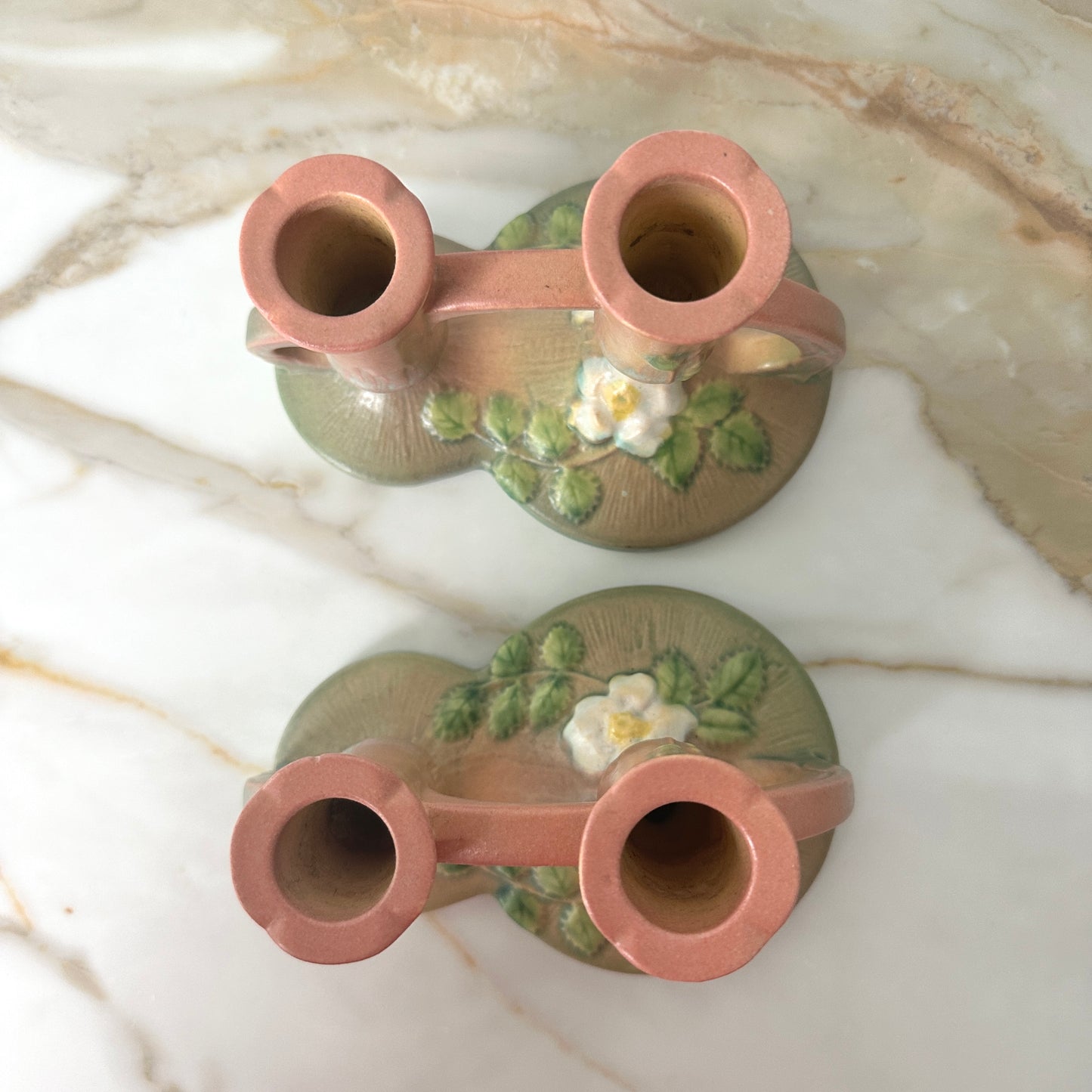 Roseville White Rose Double Candlesticks - Pair