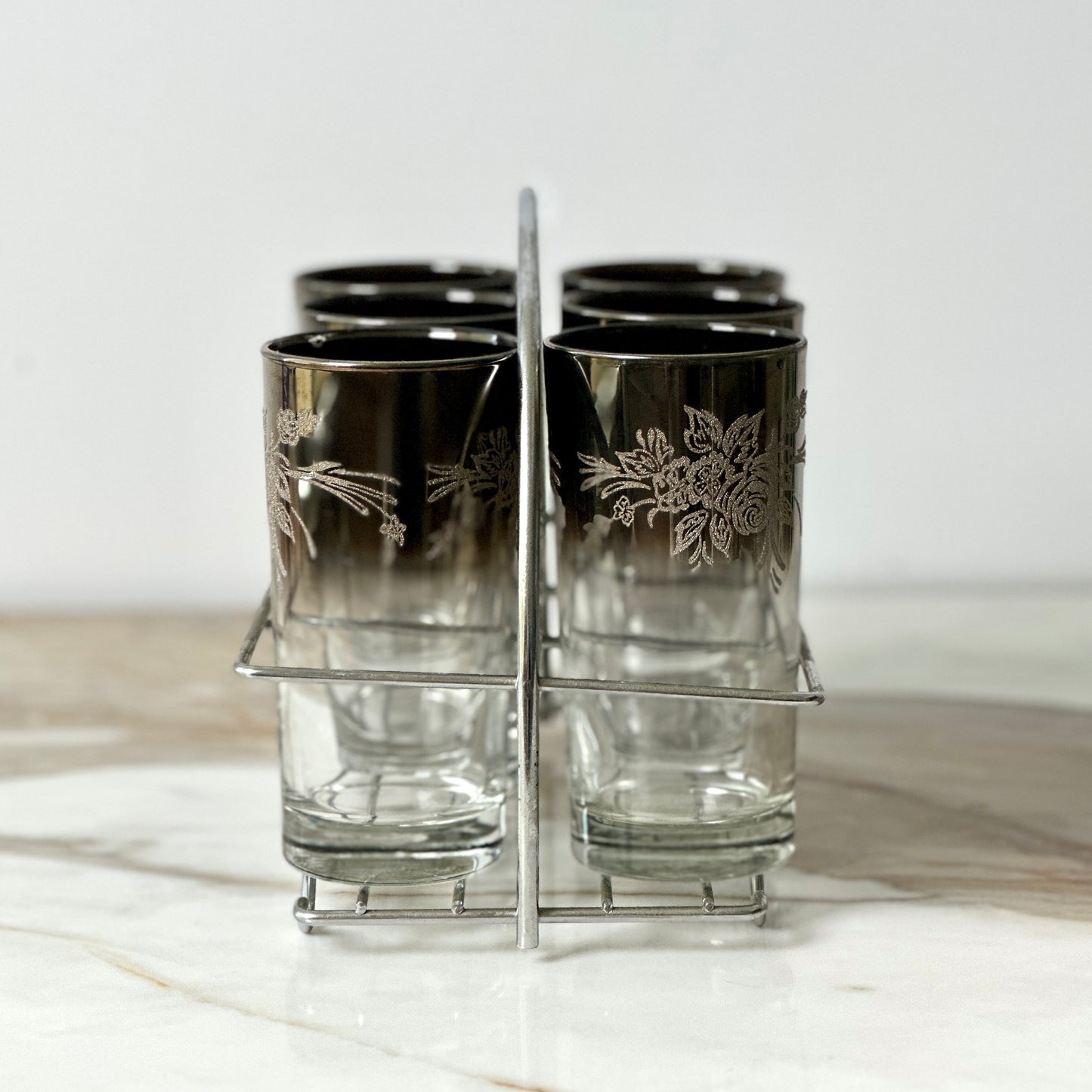 Vitreon Queen's Lusterware Silver Ombre Glasses & Caddy