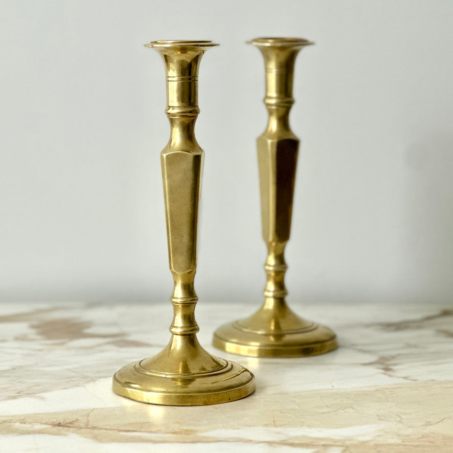 English Spun Brass Candlesticks - Pair