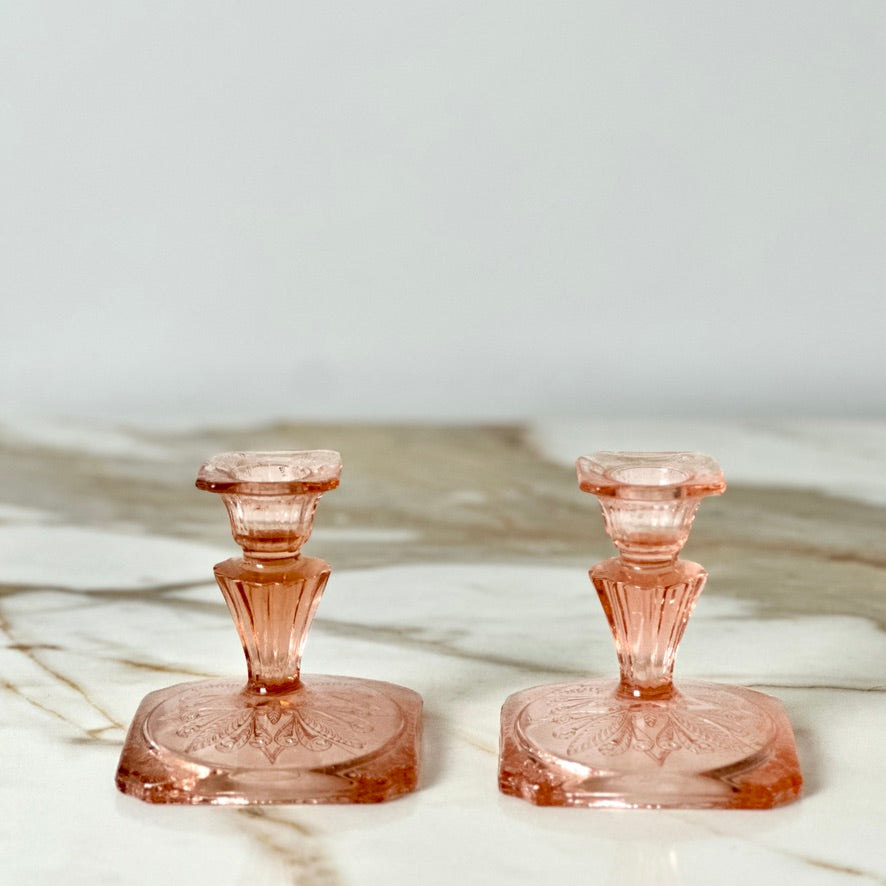 Jeannette Glass Adam Pink Candlesticks - Pair