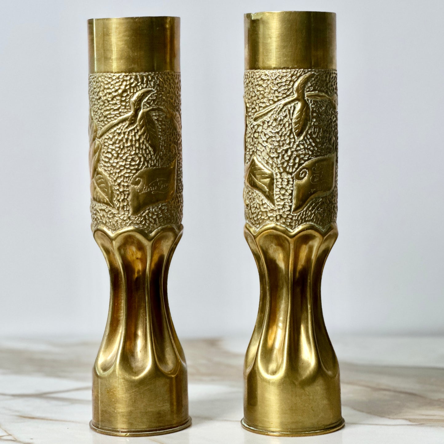 WWI Trench Artillery Brass Shell Casings - Pair