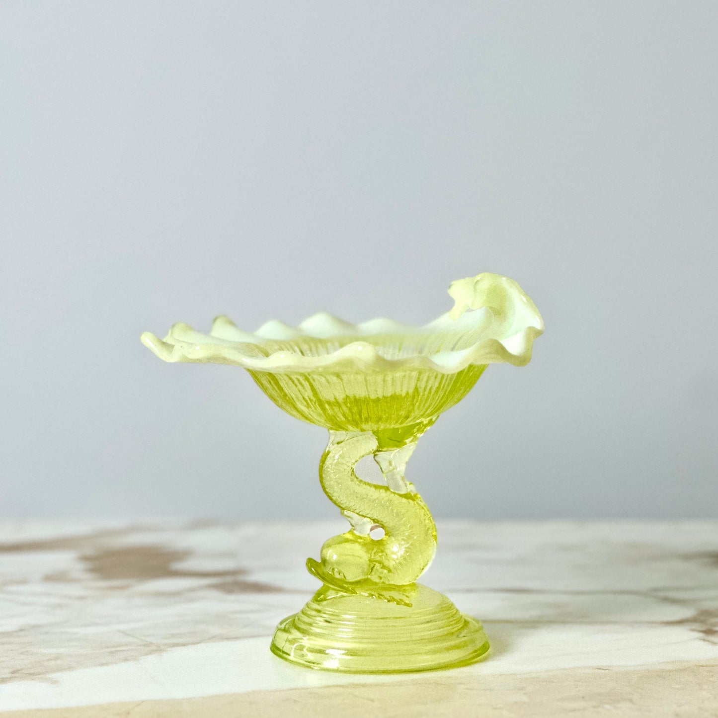 LG Wright Vaseline Glass Dolphin Koi Compote Dish