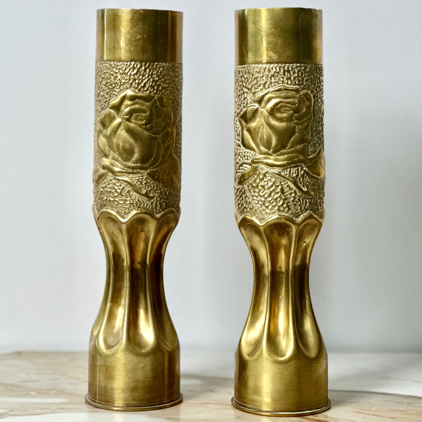 WWI Trench Artillery Brass Shell Casings - Pair