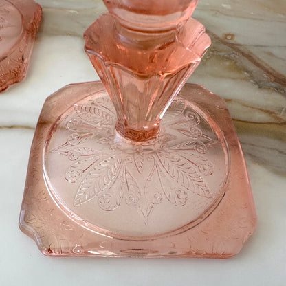 Jeannette Glass Adam Pink Candlesticks - Pair