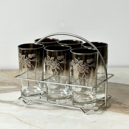 Vitreon Queen's Lusterware Silver Ombre Glasses & Caddy