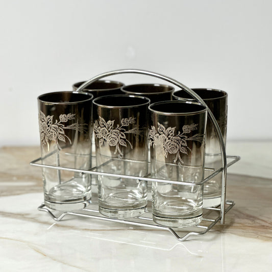 Vitreon Queen's Lusterware Silver Ombre Glasses & Caddy