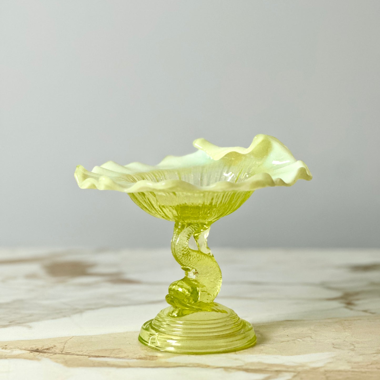 LG Wright Vaseline Glass Dolphin Koi Compote Dish