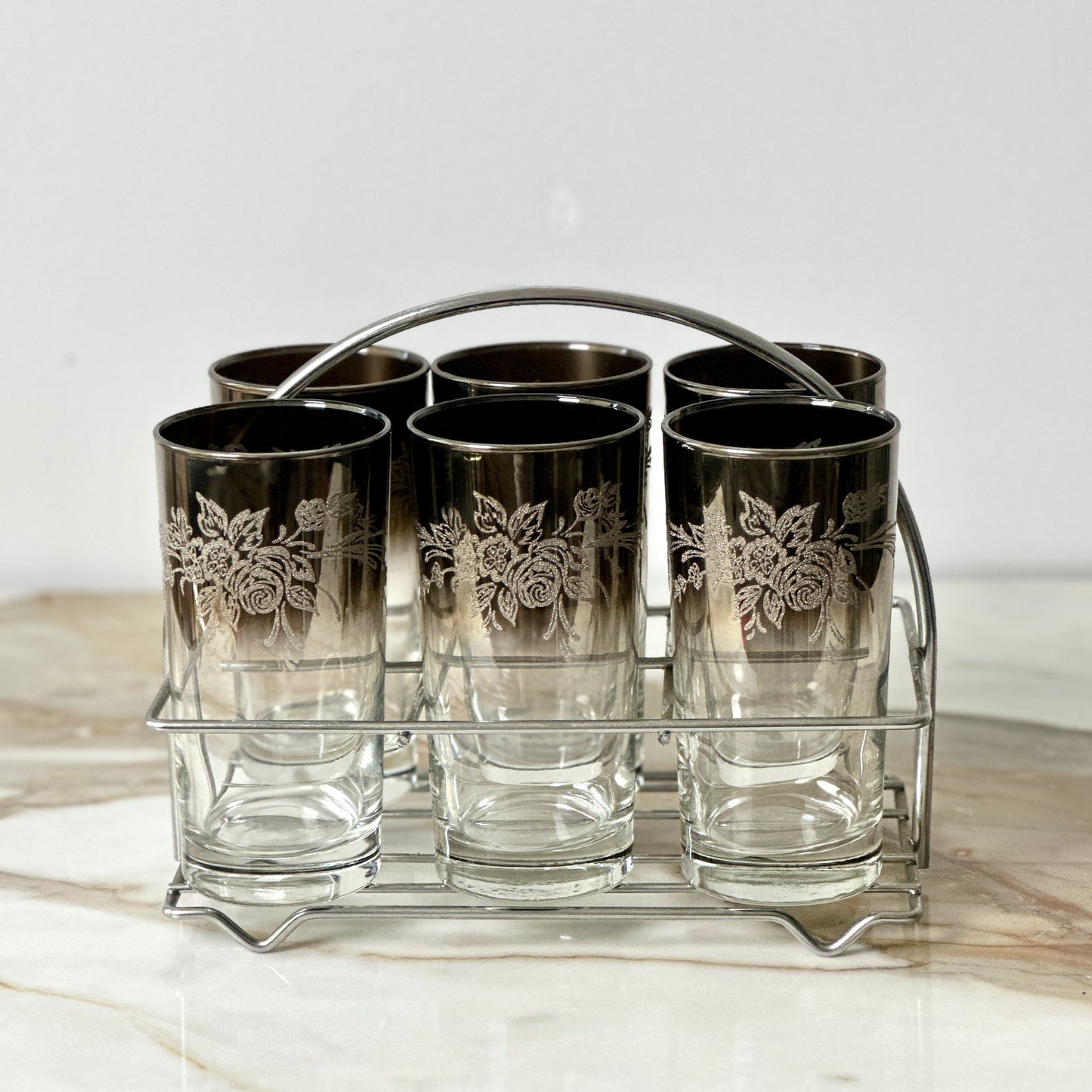 Vitreon Queen's Lusterware Silver Ombre Glasses & Caddy
