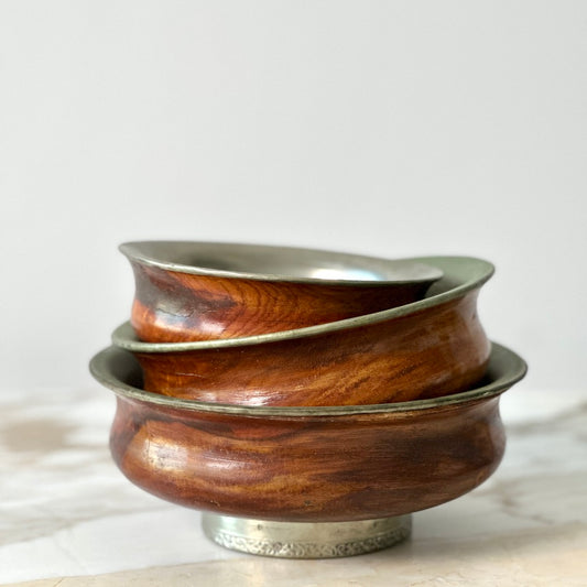 Tibetan Wood & Nickel Offering Bowls - Set of 3