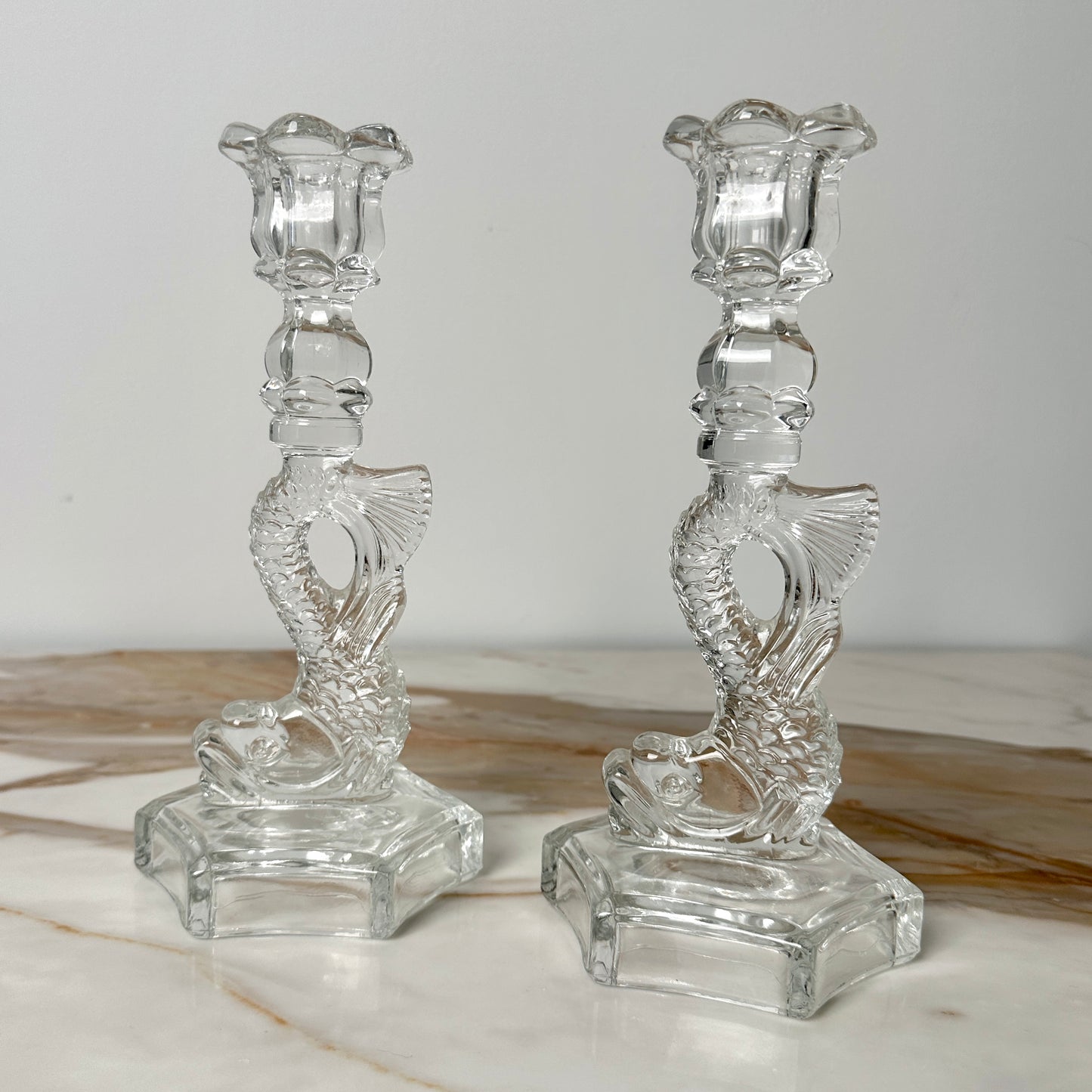 Glass Dolphin Candlesticks - Pair