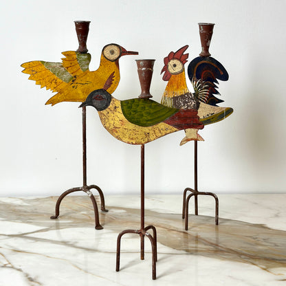 Metal Folk Art Bird Candle Holders - Set of 3