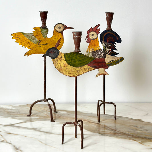 Metal Folk Art Bird Candle Holders - Set of 3