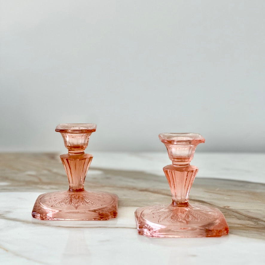 Jeannette Glass Adam Pink Candlesticks - Pair